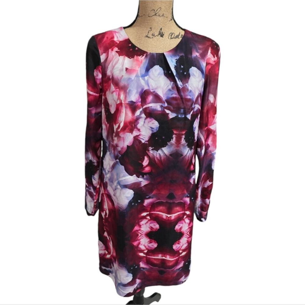 Antonio Melani Womens Size 2 Floral Shift Dress Long Sleeve Magenta Purple Pink